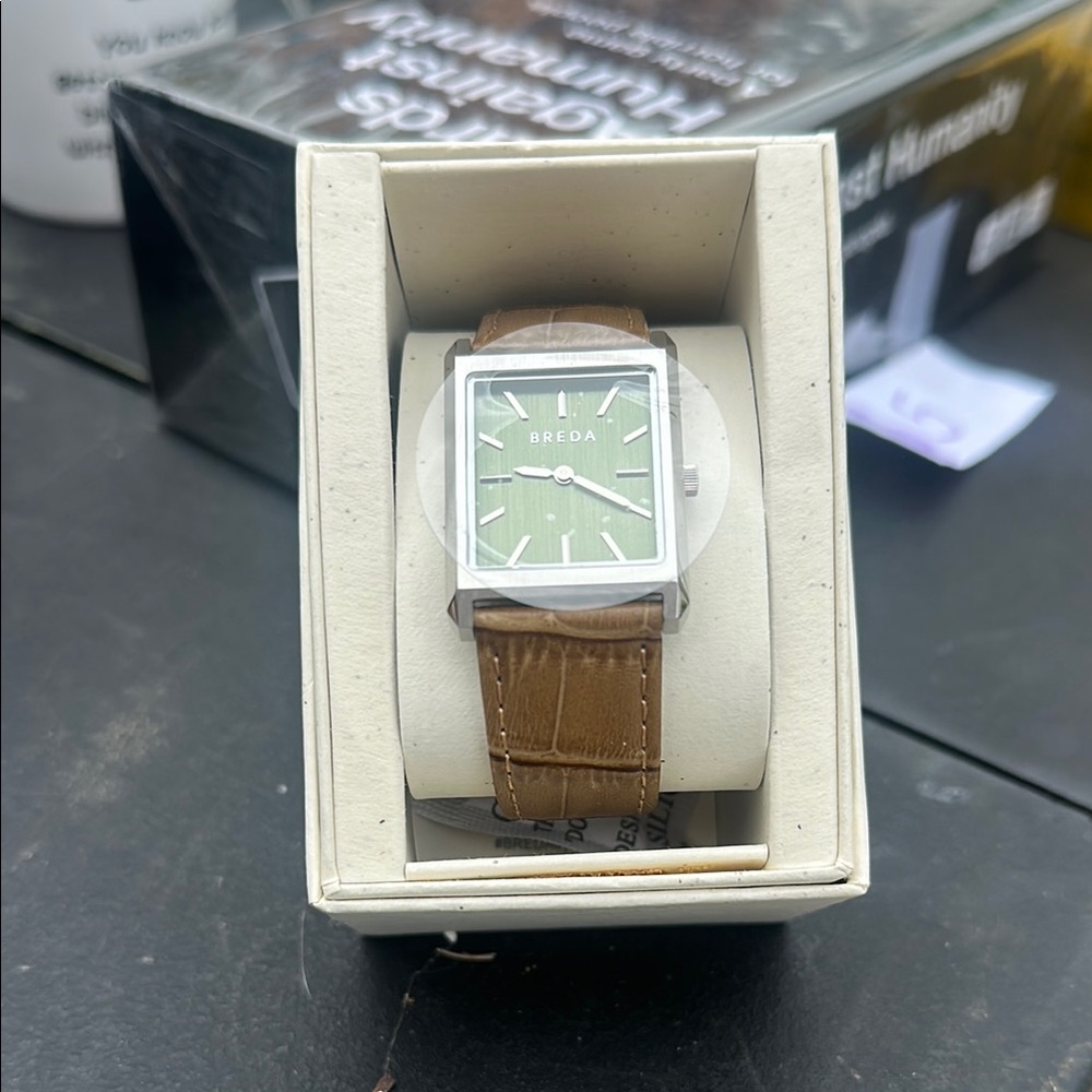 Green Dial Brown Leather Watch with Stainless Steel Case Breda